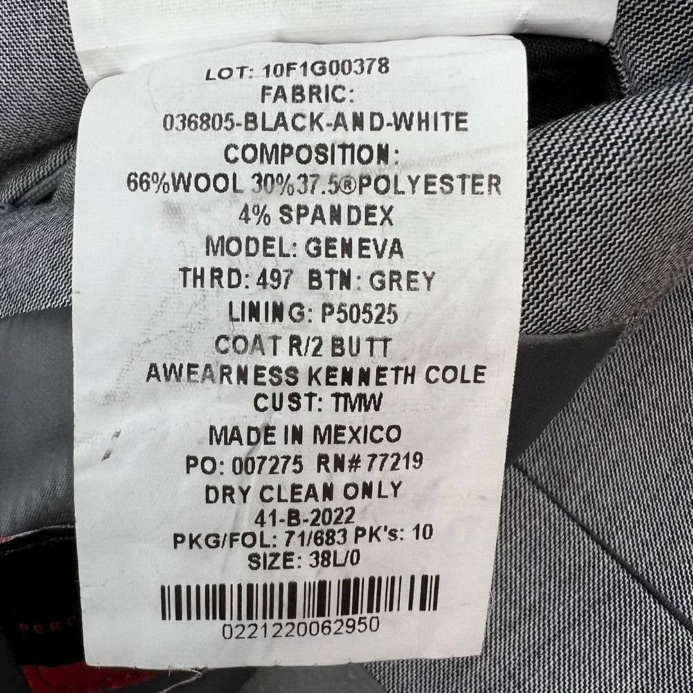 Kenneth Cole Blazer Sport Jacket Mens 38L Long Slim Fit Wool Blend Stretch Gray
